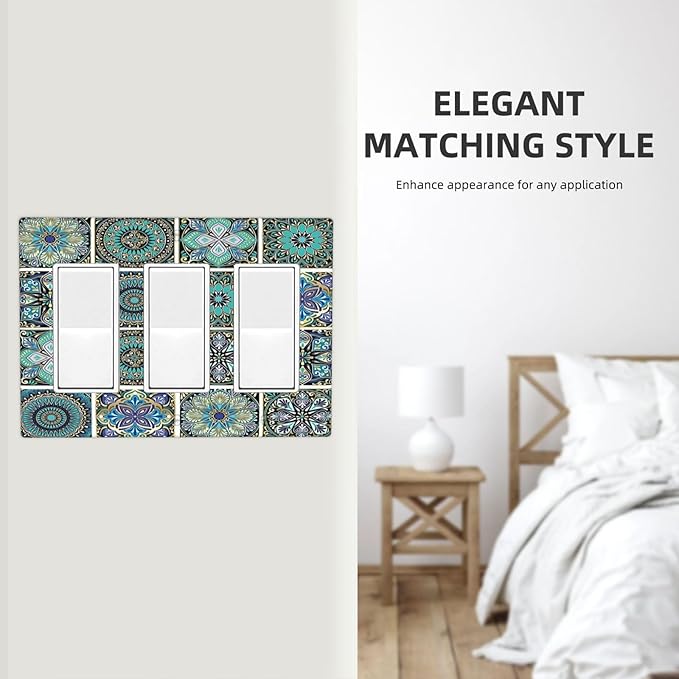Light Switch Covers Mandala Decorative Rustic Vintage Turquoise Pattern 3 Gang Rocker Electrical GFCI Decorative Triple Outlet Wall Plate Cover Switchplate for Bedroom Bathroom Decor