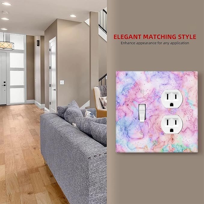 Light Switch Cover Pink Purple Gold Abstract Marble Texture 2 Gang Outlet Cover 1 Toggle Duplex Decorative Switchplate Wall Plate Electrical Receptacle Art Faceplate for Bedroom Bathroom Decor