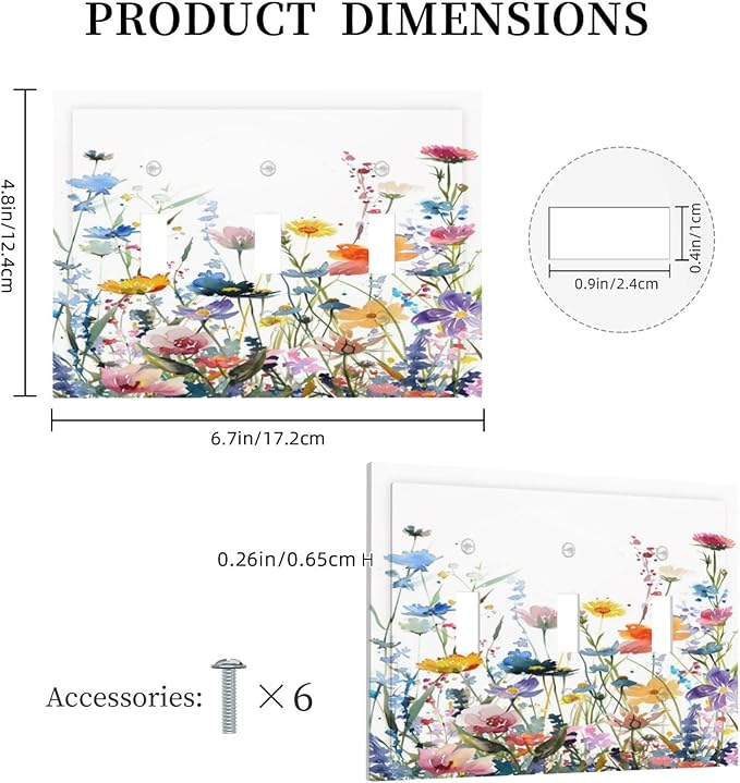 Watercolor Wildflowers Colorful Floral Plant Decorative Switch Plates 3 Gang Wall Plate Triple Toggle Light Switch Cover Faceplate Electrical Wall Panels for Bedroom Living Room Decor