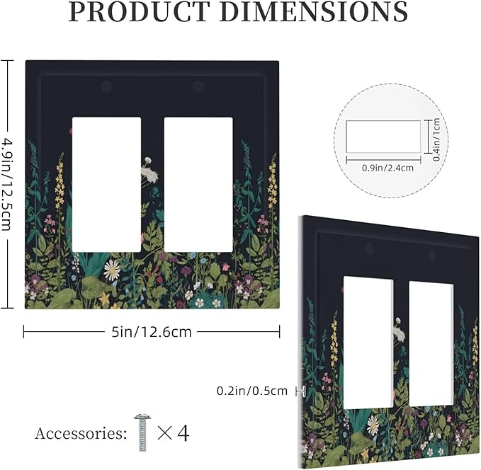 Boho Garden Flowers Weeds Floral Wildflowers Decorative Outlet Covers 2 Gang Double GFCI Rocker Electrical Wall Panels Light Switch Cover Plate for Bedroom Living Room Decor