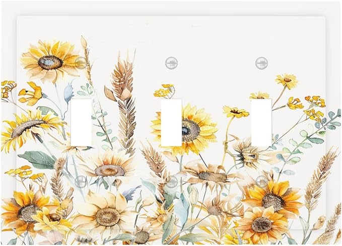 Yellow Floral Sunflowers Wheat Ears Watercolor Wild Flowers Decorative Switch Plates 3 Gang Wall Plate Triple Toggle Light Switch Cover Faceplate Electrical Wall Panels for Bedroom Living Room Decor