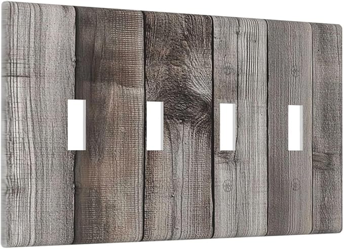 Light Switch Covers Vintage Brown Gray Wood Texture Quad Toggle Electrical Faceplate 4 Gang Wall Plate Decorative Switch Plates For Farmhouse Cabin Decor