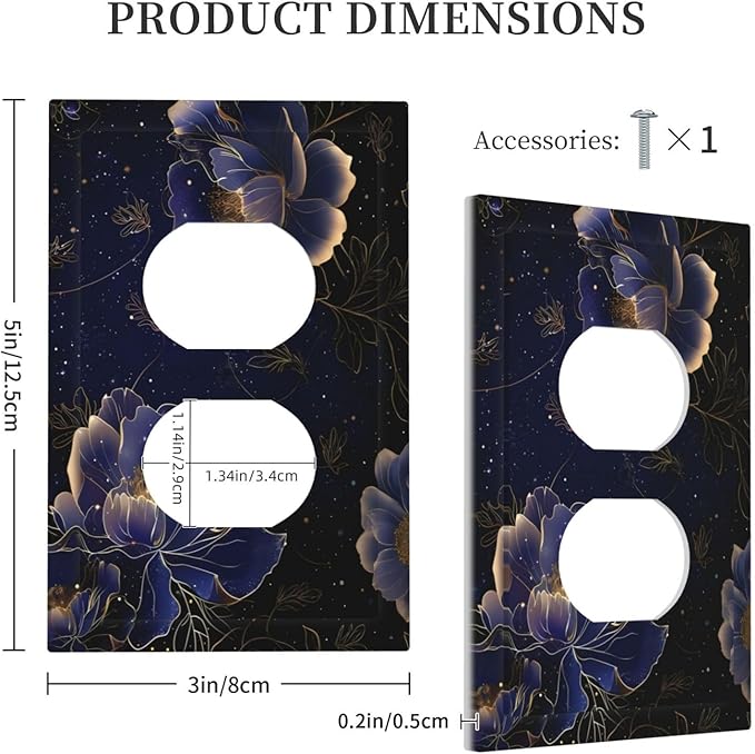 Navy Blue Floral Vintage Flower Dark Watercolor Outlet Covers 1 Gang Duplex Light Switch Cover Decorative Switch Plates Electrical Receptacle Faceplate Wall Plate for Bedroom Living Room Decor
