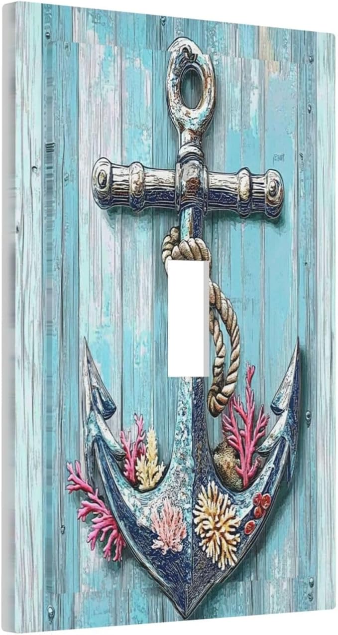 Decorative Light Switch Cover Anchor Coastal Beach Nautical Coral 1 Gang Single Toggle Device Electrical Faceplate Switchplates Decorator Outlet Wall Plate For Farmhouse Cabin Decor