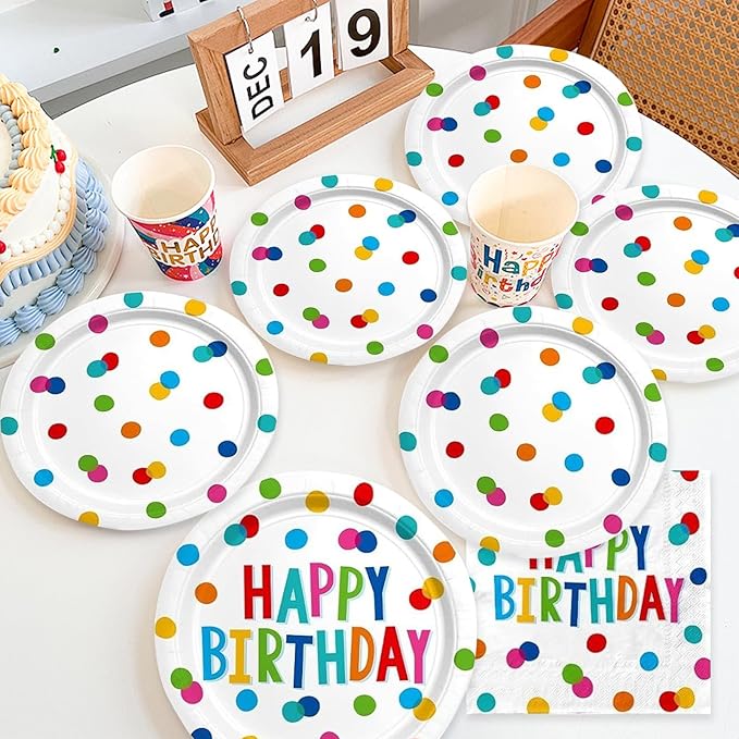 60PCS Happy Birthday Paper Plates and Napkins, Rainbow Dot Party Paper Plates Disposable Birthday Party Decorations Tableware Set for Kids Boys Girls