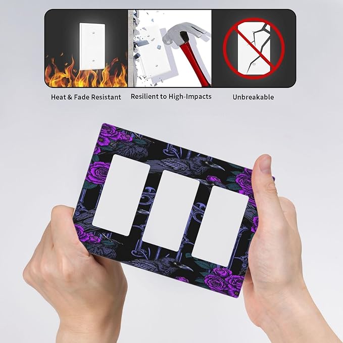Light Switch Covers Gothic Style Crow Purple Flowers 3 Gang Rocker Electrical GFCI Decorative Triple Outlet Wall Plate Cover Switchplate for Bedroom living Room Decor