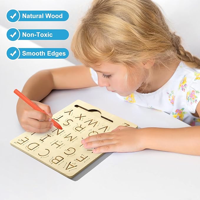 Wooden Letters Practicing Board,Reusable Handwriting Alphabet Tracing Board Double-Sided Toddlers and Preschool Gifts Learning Toys Learning to Write ABC for Kids Ages 3-8