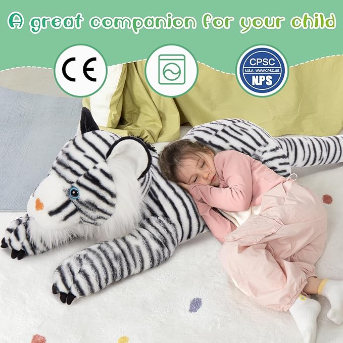 MaoGoLan Giant White Tiger Stuffed Animal - 47” Realistic Tiger Plush Toy for Boy Girl Kid, Soft Fluffy Zoo Animal Toy Pillow for Valentines Birthday Gift, Baby Shower Party Favor Decor