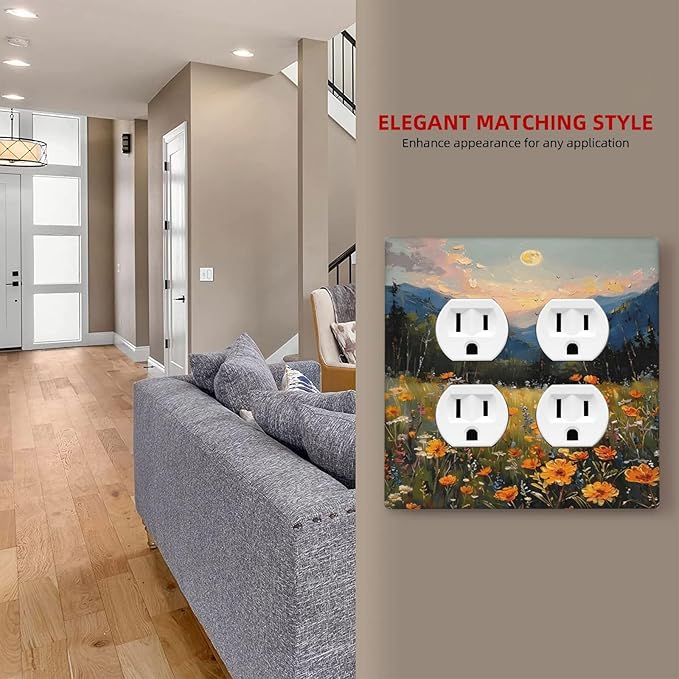 Sunset Wild Flower Field Floral Nature Landscape Outlet Covers 2 Gang Double Duplex Decorative Light Switch Covers Electrical Wallplates Socket Faceplate for Farmhouse Bedroom Decor