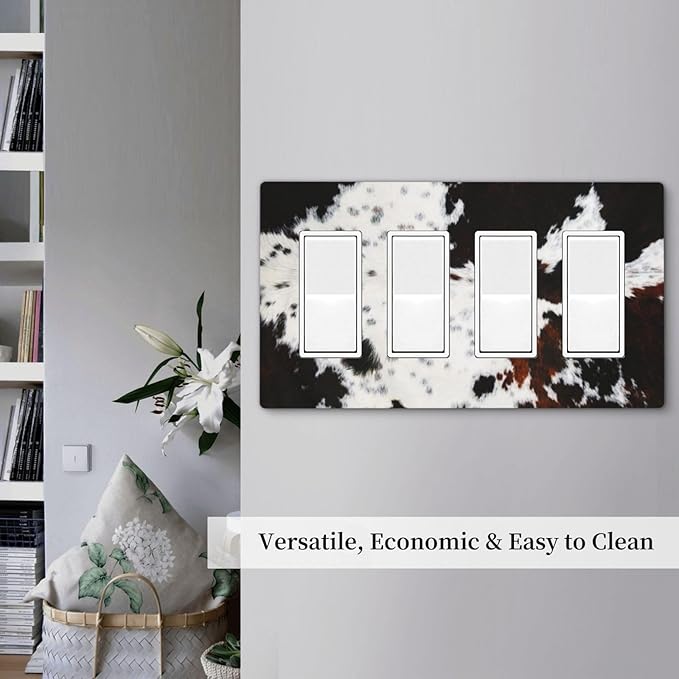Western Black Brown White Cow Decorative 4 Gang Quad Gfci/Decorator Light Switch Cover Cowhide Wild Animal Fur Skin Spots Cheetah Leopard Print Four Device Rocker Switch Face Wall Plate Outlet Covers