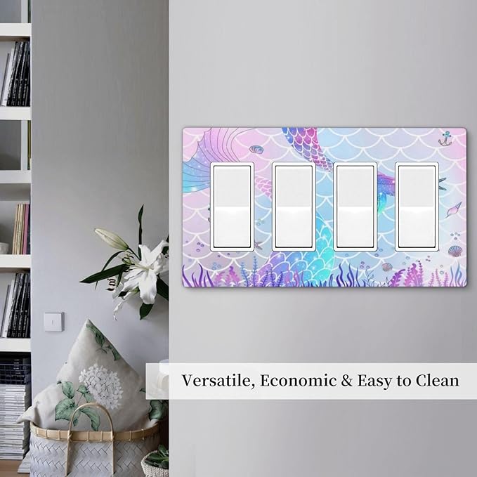 Cartoon Pink Girl Mermaid Scales Tail 4 Gang Quad Rocker/GFCI/Decorator Light Switch Cover Plate Decorative Electric Faceplate Decorative Switchplate Screwless