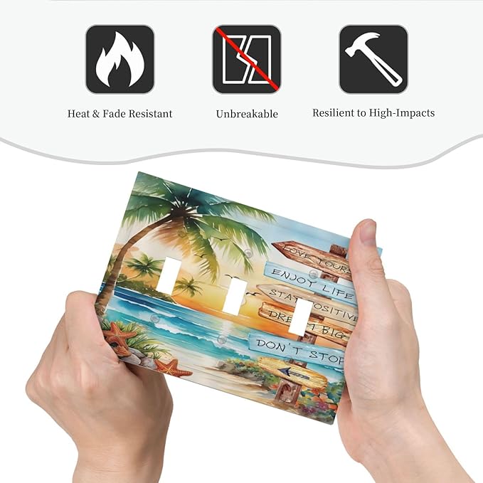 Tropical Beach Palm Tree Summer Coastal Ocean Sunset Decorative Switch Plates 3 Gang Wall Plate Triple Toggle Light Switch Cover Faceplate Electrical Wall Panels for Bedroom Living Room Decor