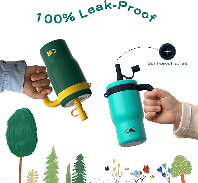 OISIZ 14oz Kids Tumbler with Straw Lid & Handle,Kids Cup with Animal Accessory for School,Kids Water Bottles with Dust-proof Cover,Leakproof Water Bottles,316 Stainless Steel,Keep Cold 24 Hours-green