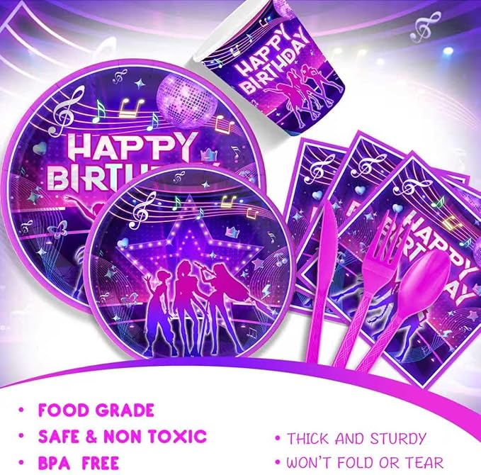 Kpop Music Themed Party Supplies for Fans Music Birthday Party,Kpop Girl Group Idol Celebration Decorations Disposable Tableware Set With Plates, Cups, Napkins & Cutlery for 24 Guests