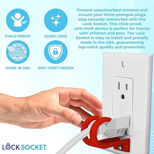 Lock Socket 3 Prong Outlet Lock -RED - Anti Theft Locking Device to Secure Three Pronged Plugs to The Outlet with a Security Screw.Way to Prevent Unplugging. Made in USA