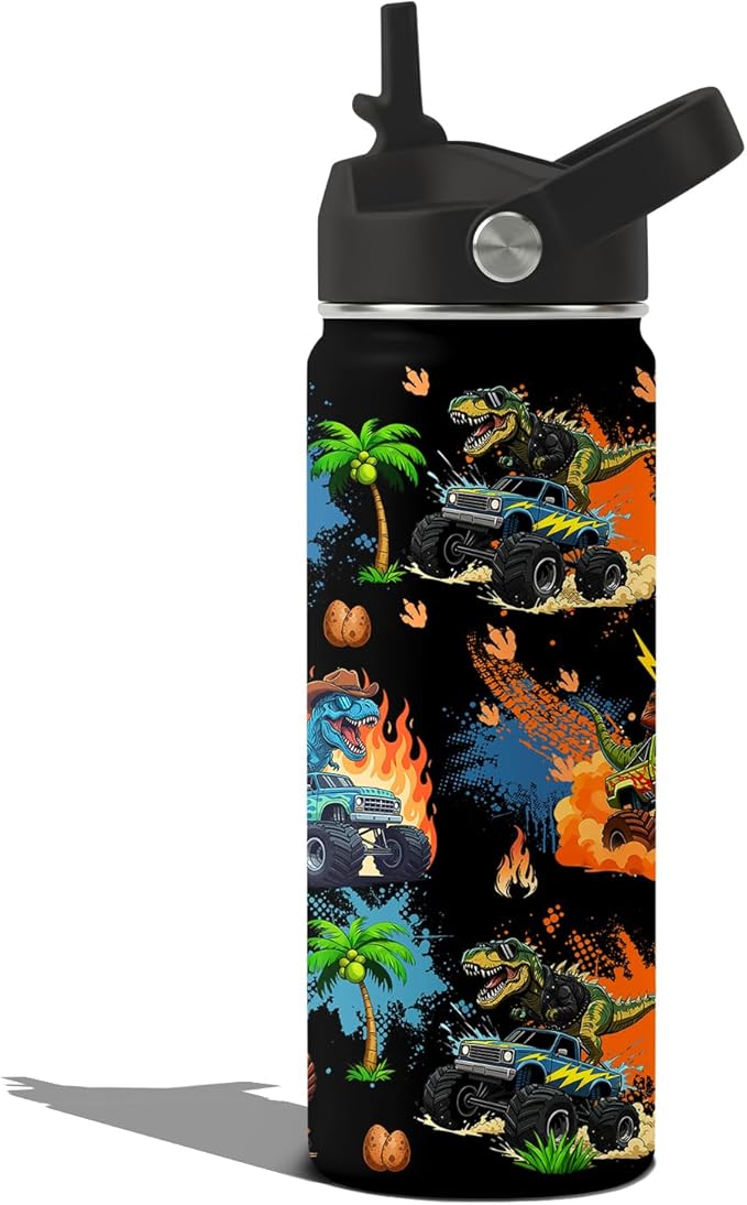 Insulated Water Bottle 18oz, Dinosaur Truck Gifts Water Bottle with 2-in-1 Straw and Spout Lid, Black Dinosaur Cup Leakproof, Truck Cup Travel Mug for Trucks Lovers, Gift Ideal for Boys