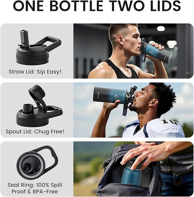 RAYMYLO Insulated Water Bottle 32 oz, Triple Wall Vacuum Stainless Steel (Cold for 24Hrs, Hot for 12Hrs), Leak Proof & Non-BPA, Modern Water Flask Jug with Paracord Handle & Straw Spout Lids