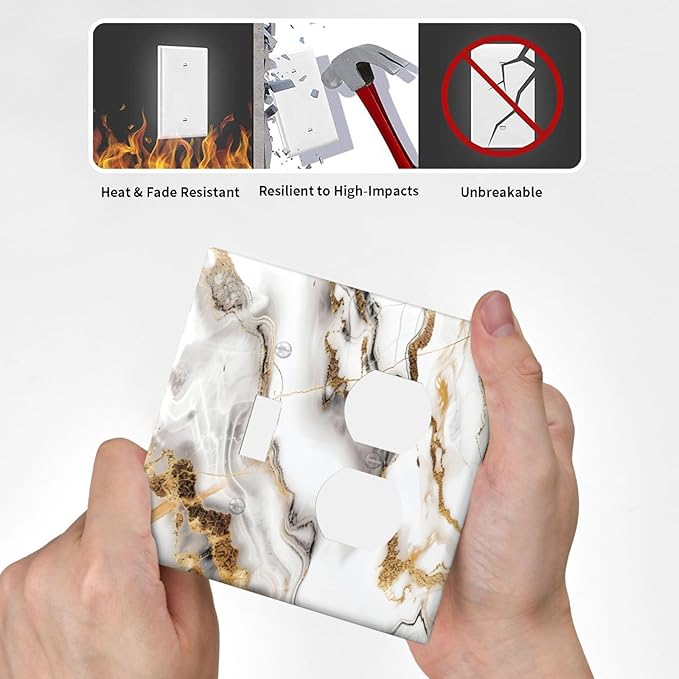 Luxurious Marble Abstract White Gold Tile Modern Simplicity Wallplates 1 Toggle 1 Duplex Switch Plate Electrical GFCI Faceplate Decorative Light Switch Covers for Bathroom Kitchen Decor