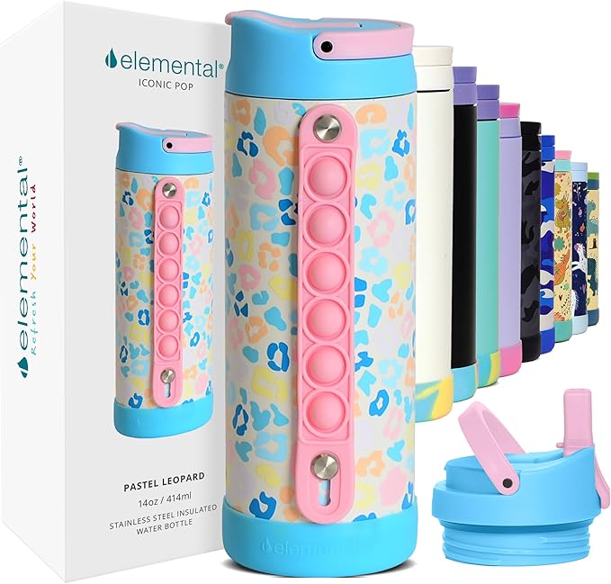 Elemental Iconic Kids Water Bottle for School - 100% Leak-Proof Insulated Water Bottles with Straw Lid & Pop-It Handle for Boys & Girls - Triple-Wall Insulated & BPA-Free, 14oz – Pastel Leopard