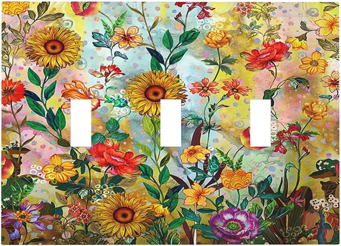 Fall Colorful Sunflower Floral 3 Gang Light Switch Cover Triple Toggle Wall Plates Decorator Receptacle Outlet Covers Electrical Switchplate Faceplate for Bedroom Bathroom Kitchen Decor