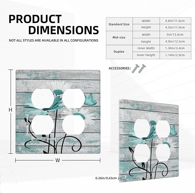 Teal White Daisy Flower Butterfly On Rustic Wood Board Outlet Covers 2 Gang Double Duplex Decorative Light Switch Covers Electrical Wallplates Socket Faceplate for Farmhouse Bedroom Decor