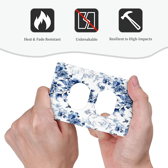 Blue Flower White Floral Plant Bird Butterfly Outlet Covers 1 Gang Duplex Light Switch Cover Decorative Switch Plates Electrical Receptacle Faceplate Wall Plate for Bedroom Living Room Decor
