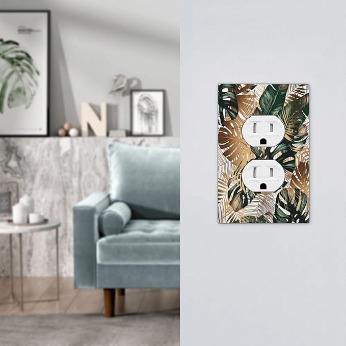 Green Tropical Leaves Gold Palm Leaf Botanical 1 Gang Outlet Plate Decorative Single Duplex Wall Plate Covers Unique Electrical Receptacle Light Switch Cover Faceplate Switchplate for Bedroom Decor