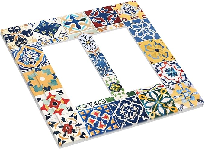 Decorative Outlet Covers Moroccan Traditional Mexican Talavera Til 2 Gang Double GFCI Rocker Electrical Wall Panels Light Switch Cover Plate for Kitchen Home Decor