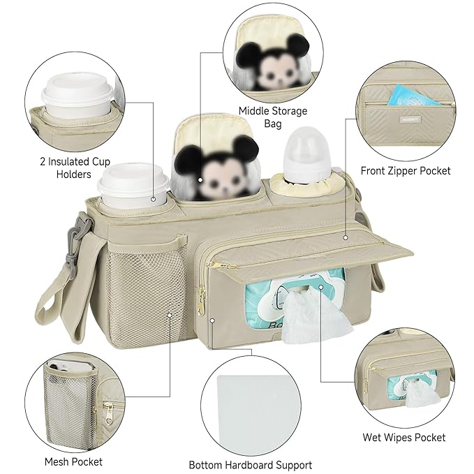 Universal Stroller Organizer with Insulated Cup Holders,Large Capacity Non-Slip Stroller Caddy Bag Fits for Uppababy/Doona/Jogger/Britax/Mompush/BoB with Anti-Sag Hard Bottom and Wet Wipes Pocket