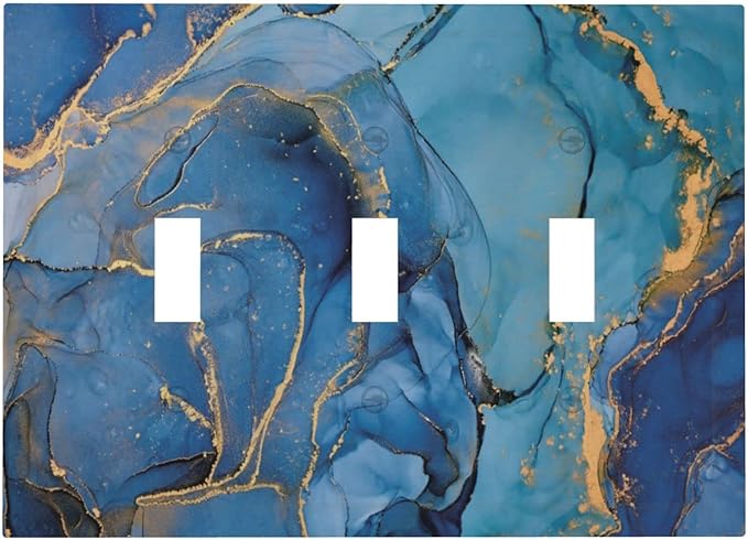 Blue Marble Triple Toggle Light Switch Cover Decorative 3 Gang Wall Plates Modern Ombre Watercolor Ink Art Electrical Faceplate for Decor Bathroom Kitchen Bedroom