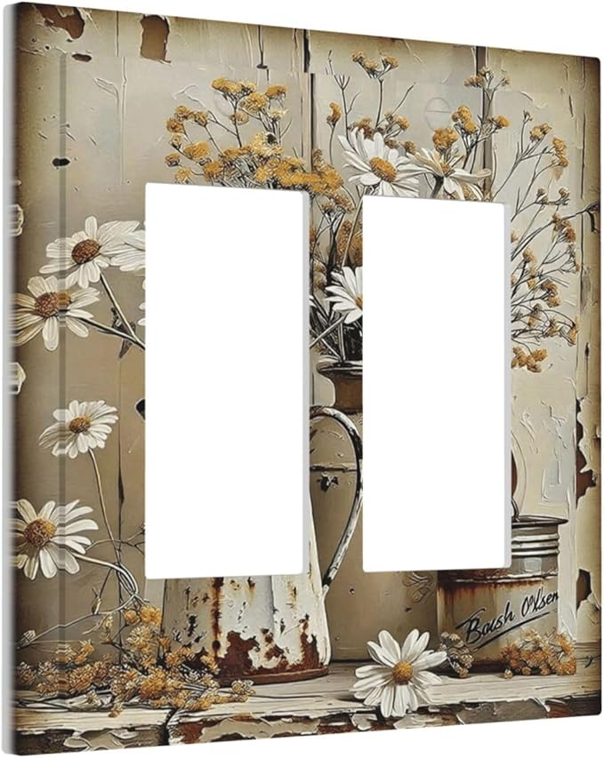 Rustic Flowers Daisy Floral White Wooden Planks Decorative Outlet Covers 2 Gang Double GFCI Rocker Electrical Wall Panels Light Switch Cover Plate for Farmhouse Home Decor