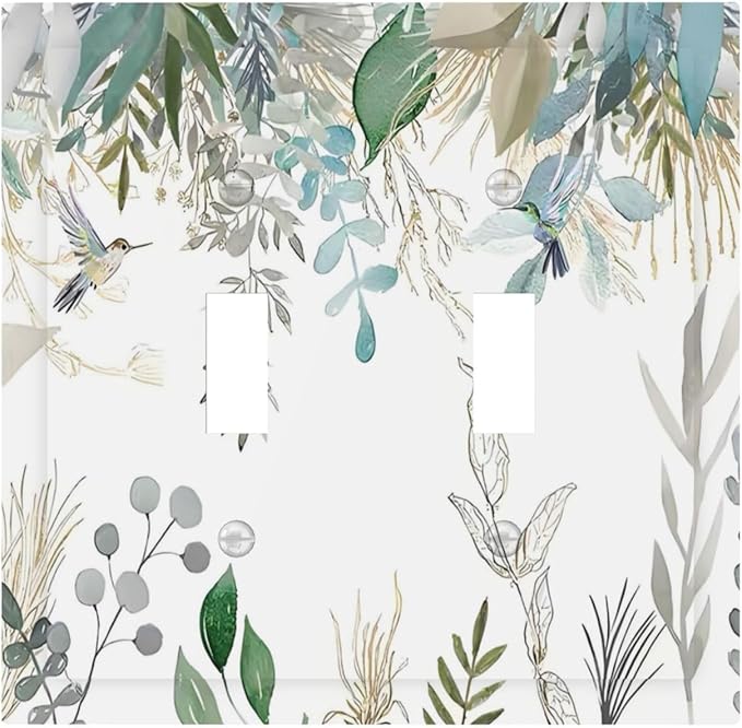 Green Tropical Palm Leaves Flower Plants Hummingbird Decorative Switch Plates 2 Gang Double Toggle Outlet Light Switch Cover Wall Plate Electrical Faceplate for Bed Room Living Room Decor