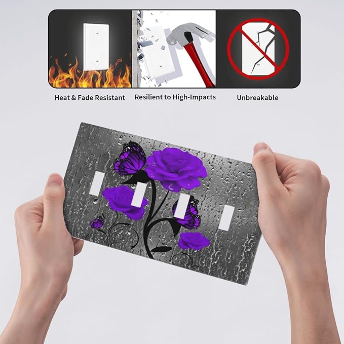 Purple Butterfly Rose Flower 4 Gang Light Switch Cover Decorative Quad Toggle Wall Plate Decorative Electrical Faceplate For Girls Room Bedroom Decorate Screwless 8" x 4.5 Large Size