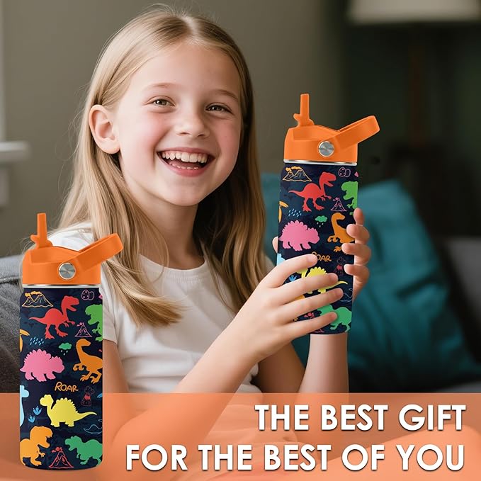 Dinosaur Gifts for Kids - 16oz Colorful Dino Water Bottle with Straw Lid, Stainless Steel Insulated Tumbler, Leakproof, BPA-Free, for Boys & Girls, School, Travel - Dino Lovers Birthday Gift Cup (1pc)