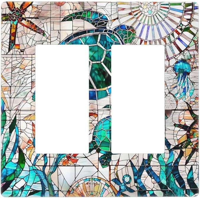 Nautical Beach Green/Blue Sea Turtles 2 Gang Double Decorator GFCI/Rocker Wall Plate Tropical Summer Ocean Marine Starfish Electrical Outlet Decorative Receptacle Cover Light Switch for Dimmer, USB