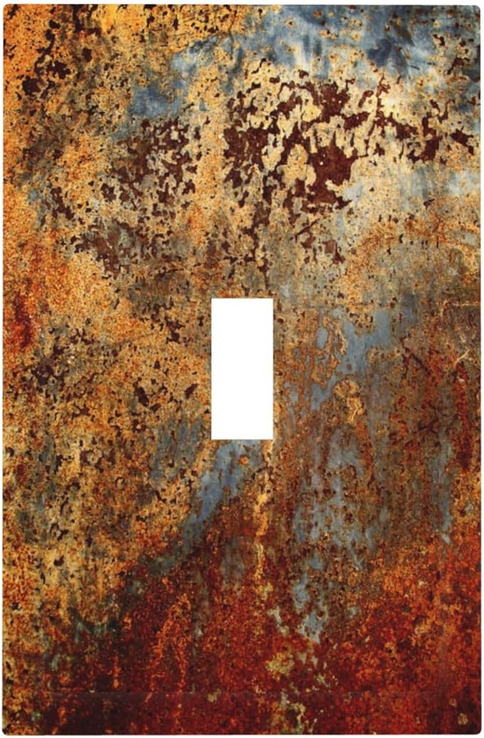 Shabby Old Aged Rust Rusty Tumbled Antique Brass Patina Copper Metal Print 1 Gang Single Toggle Electrical Outlet Light Switch Wall Plate Receptacle Face Plate Cover Decorative One Device Switchplate