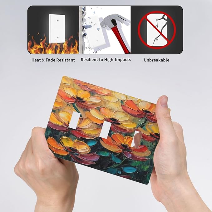 Decorative Art Light Switch Covers Color Flower Blaze 3 Gang Triple Toggle Wall Plate Decorative Switch plate Electrical Faceplate for Home Decor