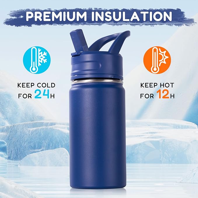Fijinhom 12oz Kids Water Bottle for School, Toddler Water Bottles with Straws, Insulated Water Bottles for Boys&Girls, Stainless Steel Vacuum Insulated Bottle for Kids, Leak-Proof, BPA-Free, Blue