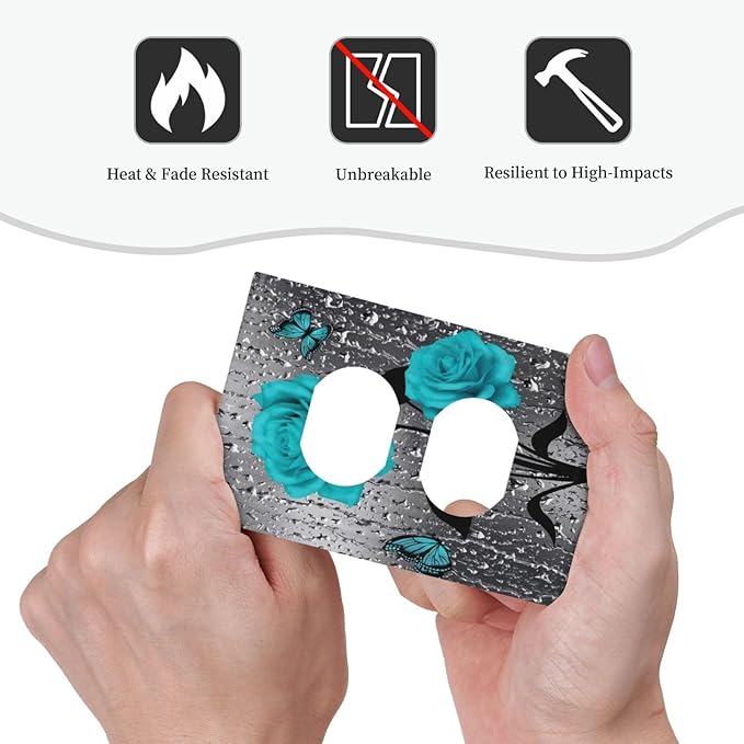 Teal Turquoise Blue Gray Grey Raindrop Rose Flower Floral 1 Device Gang Duplex Receptacle Wall Plate Outlet Cover Romantic Pretty Butterfly Electrical One Gang Dual Light Switch Faceplate Socket Cover