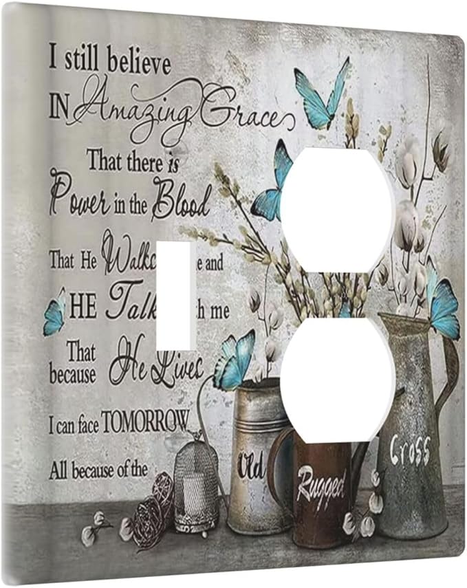 Light Switch Cover Blue Butterfly Rustic Flower Inspirational Quotes 2 Gang Outlet Cover 1 Toggle Duplex Decorative Switch Plates Wall Plate Electrical Receptacle Faceplate for Bathroom Cabin