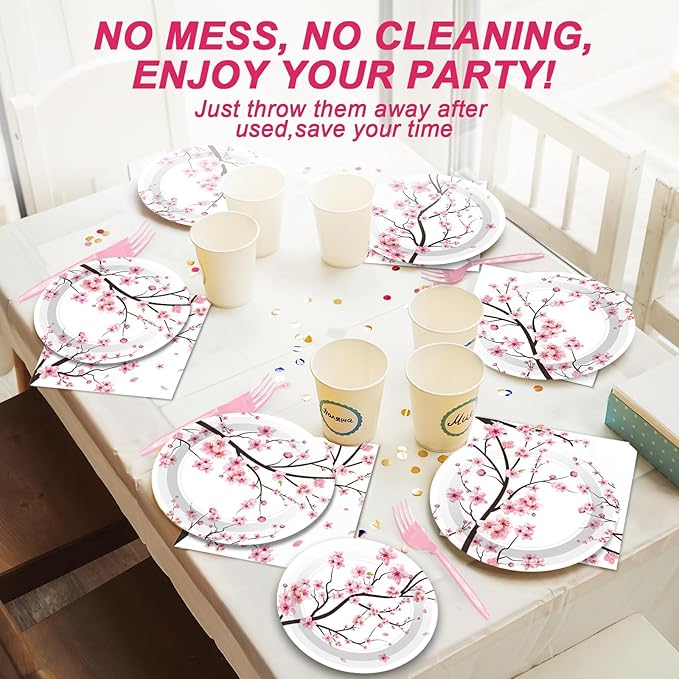 Qyeahkj 100 PCS Cherry Blossom Party Supplies Set Cherry Blossom Plates and Napkins Japanese Disposable Paper Party Tableware Forks Packs Decorations for Hibachi Spring Birthday Decoration Serve 25