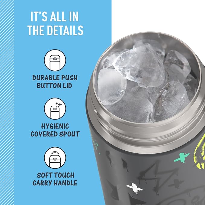 THERMOS FUNTAINER 16 Ounce Stainless Steel Vacuum Insulated Bottle with Wide Spout Lid, Graffiti Boy