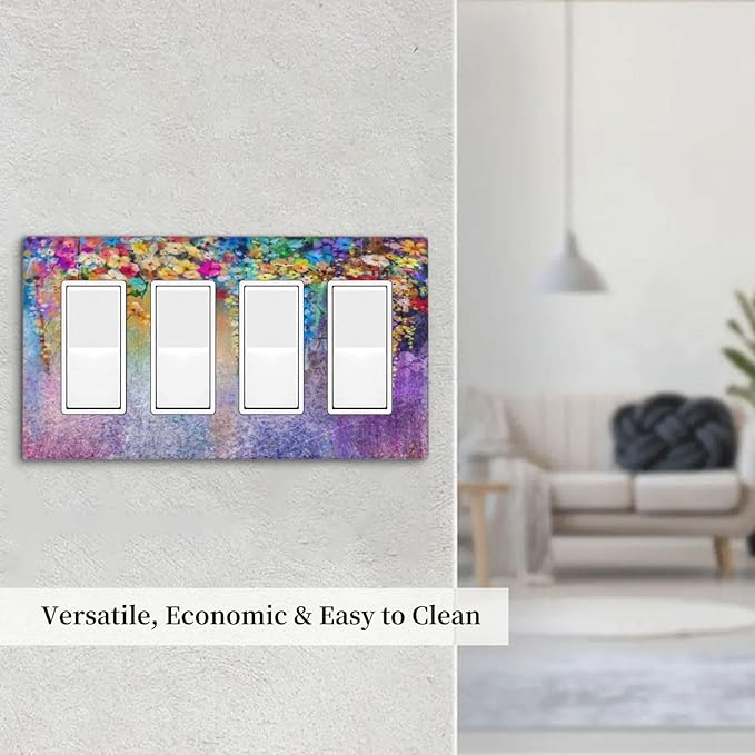 Colorful Floral Watercolor Flower 4 Gang Rocker Decora Light Switch Cover Purple Decorative Outlet Covers Wall Plate Electrical Faceplate Switchplate GFCI for Farmhouse Bedroom Living Room Decor