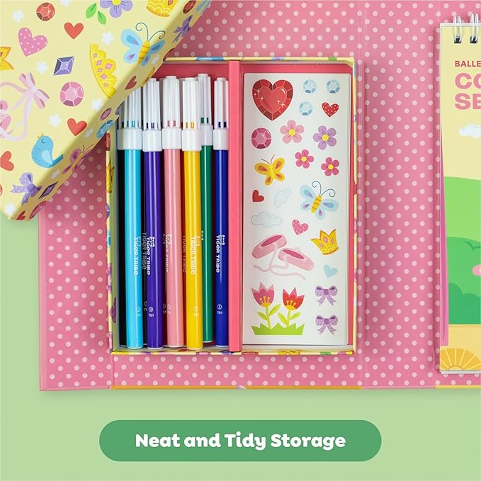 Schylling Tiger Tribe Ballet Coloring Set - Travel Take Along Art Kit - All Supplies Included - Easy Storage - Ages 3+ - 14014, Small