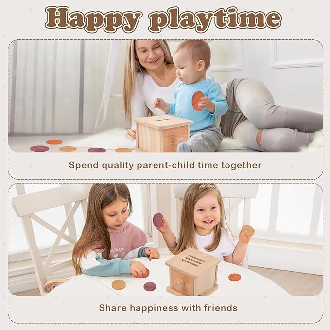 Adena Montessori Coin Box -Natural Wood Double-Sided Object Permanence Box Toy for 1-Year-Old Babies, Wooden Montessori Developmental Toy for 6-12 Month, Early Learning Gift