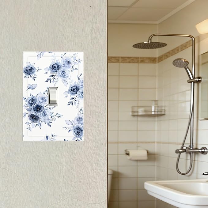 Watercolor Blue Roses 1-Gang Toggle Light Switch Plate, Serene Floral French Country Vintage Bouquet Decorative Wall Plate for Farmhouse Homes