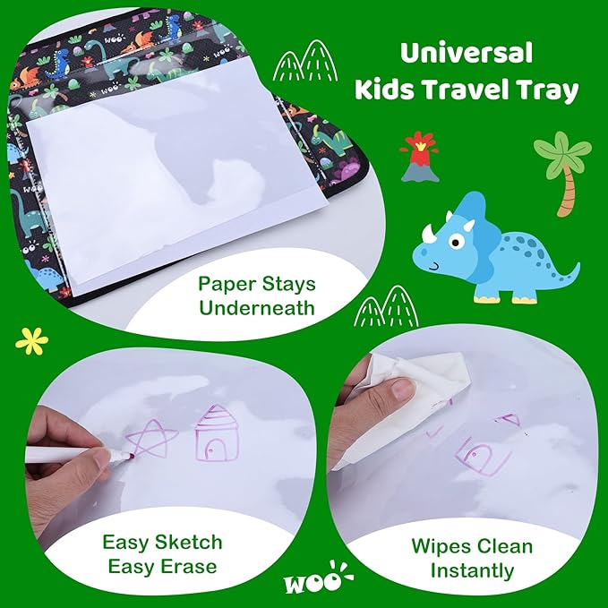Airplane Kids Travel Tray for Toddler Car Seat - Toddler Tray for Plane or Train - Travel Essential Must-Haves and Flying Supplies - Dinosaur