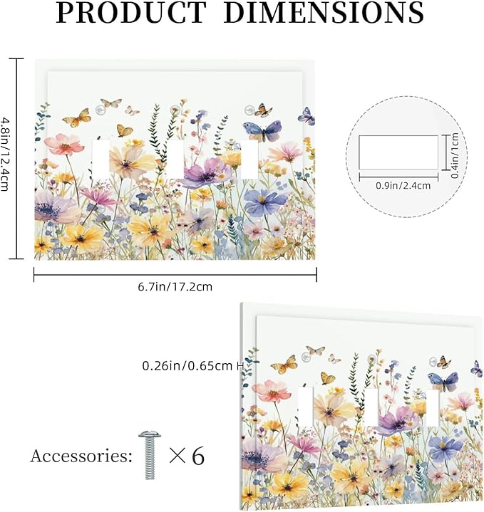 Wildflowers Colorful Flower Butterfly Floral Decorative Switch Plates 3 Gang Wall Plate Triple Toggle Light Switch Cover Faceplate Electrical Wall Panels for Farmhouse Bedroom Decor