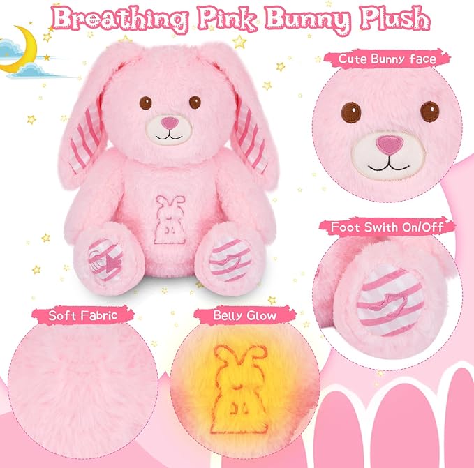 Breathing Stuffed Animal - 13" Pink Bunny Plush Baby Toy, Soothing Sound Machine with Music Lights & Breathing Motion for Kids Boys Girls