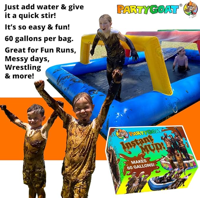 Instant MUD for Wrestling, Pies, Balloons & Fun Run Obstacles. Just Add Water to Powder. Makes 60 GALLONS of Safe, Clean, Fake Mud. Bulk for Pools, Messy Games & Slime Guns